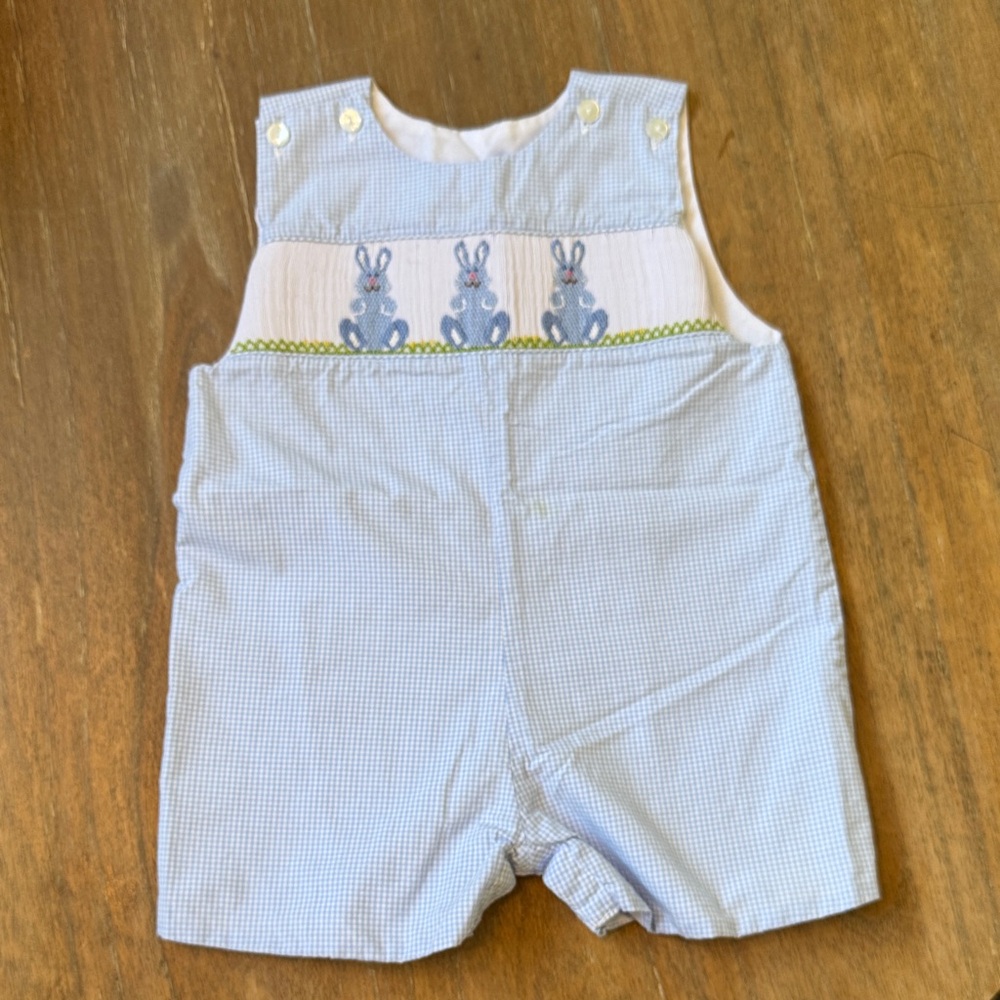 Blue Gingham Kids Overalls with Bunny Embroidery